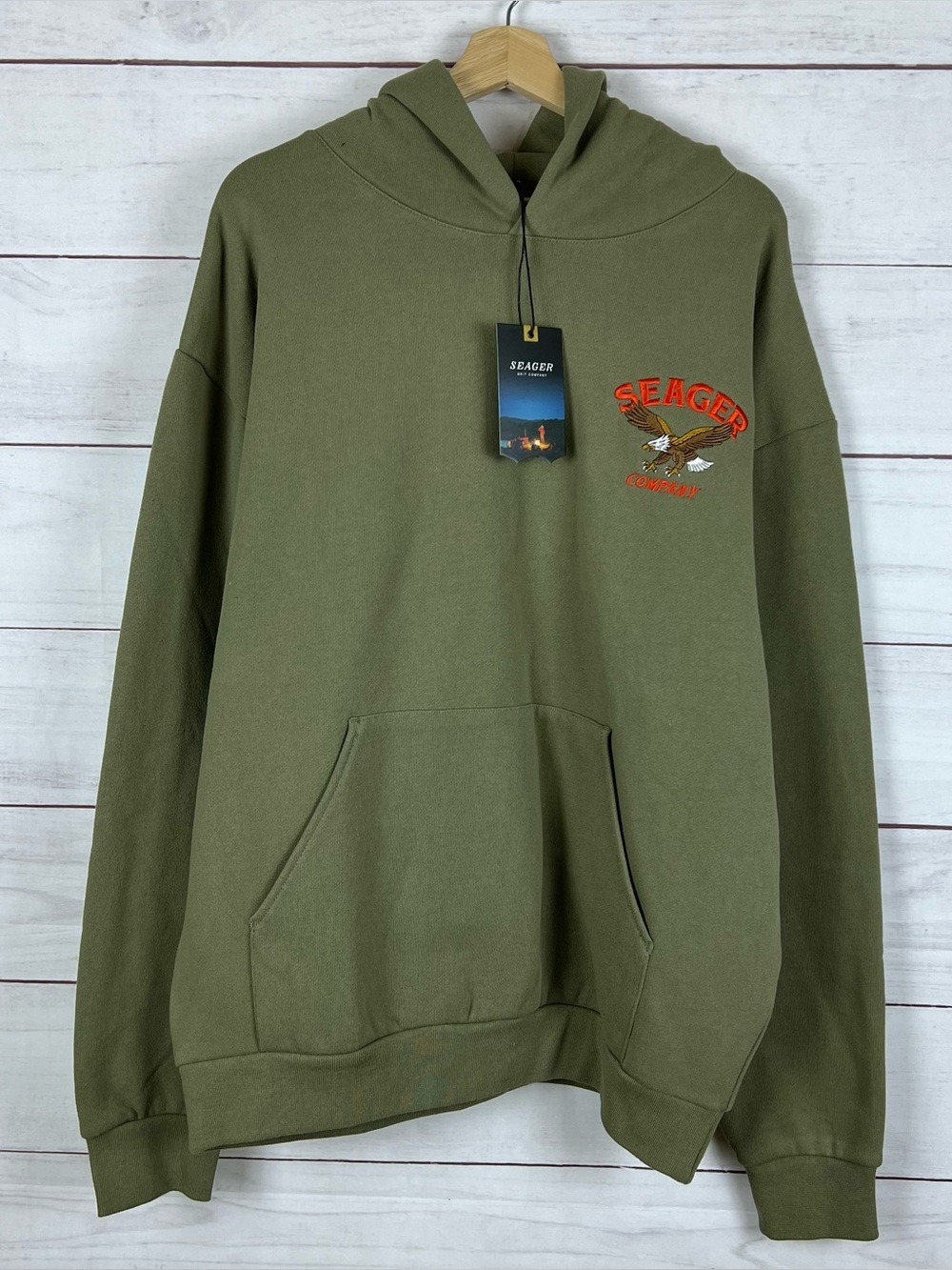 NWT Men Seager Bradley Embroidered Eagle Hoodie Olive Pullover Sweatshirt Medium